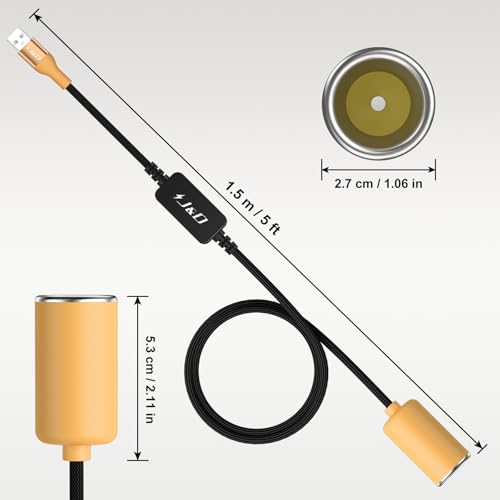 J&D USB A Male to 12V Car Cigarette Lighter Socket Female Converter Cable, 5 ft, 12V 18W Power Adapter, Compatible with Dash Cam, GPS, Car LED Light Strips, Yellow - color: Yellow, size: 5 Feet/ 150 CM