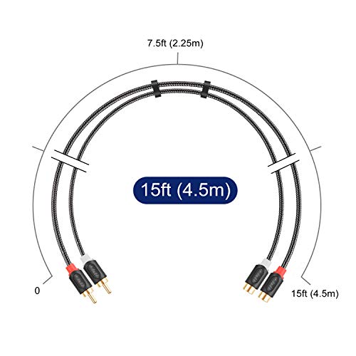 J&D 2 RCA Male to Female Extension Cable - Gold Plated RCA Audio Cable with Nylon Braid & PVC Housing [Audiowave Series] for Home Theater, Receiver, Amplifier, Speaker, 15 Feet - size: 15 Feet
