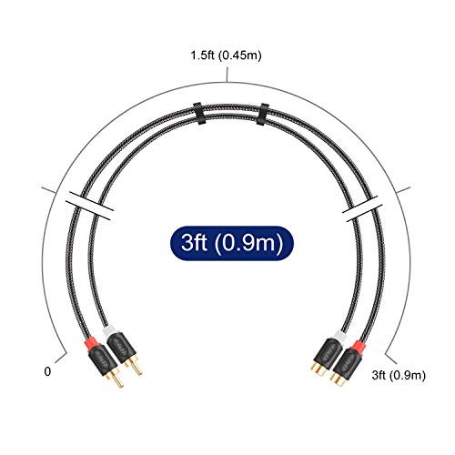 J&D 2 RCA Male to Female Extension Cable - Gold Plated RCA Audio Cable with Nylon Braid & PVC Housing [Audiowave Series] for Home Theater, Receiver, Amplifier, Speaker, 3 Feet - size: 3 Feet
