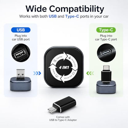 Wireless CarPlay Adapter 4 in 1, Wireless Android Auto Box with Airplay Mirror Link, Screen Mirroring, Plug & Play for Cars with Wired CarPlay/Android Auto