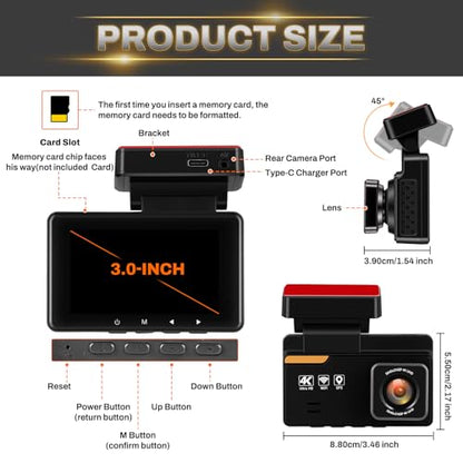 SIXTOP 4K Dash Cam Front and Rear, 4K+1080P Dual Dash Camera for Cars with 64G Card, GPS, BSD/ADAS/LCA Night Vision WDR WiFi &App Control G-Sensor 3” IPS Screen Loop Recording 24H Parking Mode