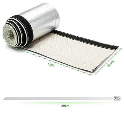 Heat Shroud Aluminized Sleeving Heat Shield fuel line wire heat sleeve 1-1/2''I.D. x 10FT with 20 Pcs 7.8Inch Stainless Steel Cable Metal Zip Ties - size: 1-1/2''I.D. x 10FT