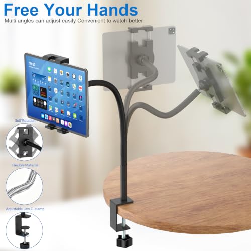 Gooseneck iPad Mount,Tablet Clamp Mount for Desk/Table/Bed/Chair/Lectern,360° Adjustable Arm iPad Mount for for Kitchen, Video Call,Reading,Work,4.7~12.9" iPad/iPhone/Nexus/LG G Pads/e-Reader/Switch