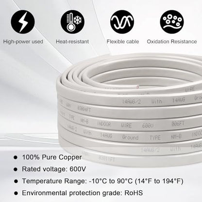 14/2 Wire with Ground - 10FT 14 Gauge NM-B Non-Metallic Sheathed Cable 100% Pure Copper 14 AWG 2 Conductor Residential Indoor Wire for Outlets, Switches, Other Loads and Lighting Wiring Projects etc. - size: 10FT, style: 14AWG/2