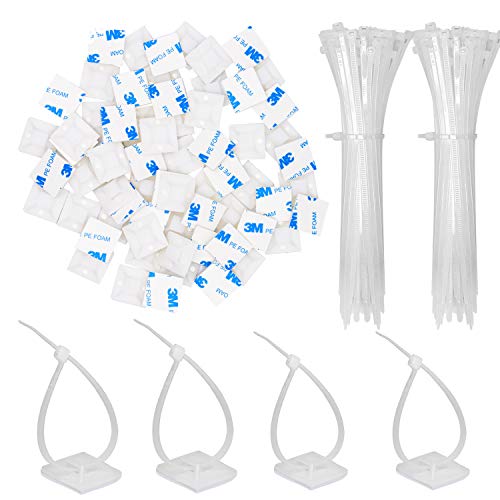 100 Pack 1.1 inch Zip Tie Adhesive Mounts Self Adhesive Cable Tie Base Holders with Multi-Purpose Tie wire clips with screw hole,Anchor stick on wire holder with 8 inch zip ties（White） - color: 100 Pack 1.1" White