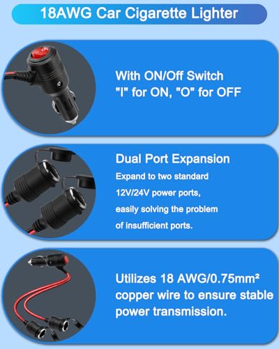 12V 24V Cigarette Lighter Splitter,1 to 2 Car Cigarette Lighter Cable, Dual Socket with ON/Off Switch, 18AWG 15A Power Extension Cable for Car Refrigerator, Tire Inflator Etc-15cm/5.9in