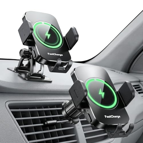 Wireless Car Charger, 15W Fast Charging Auto-Clamping Phone Holder Phone Mount【Windshield+Vent+Dash】 Car Accessories for Women Men fit for iPhone 17 16 15 14 13 12 Pro Max 11 XR XS, Samsung Galaxy - color: Black