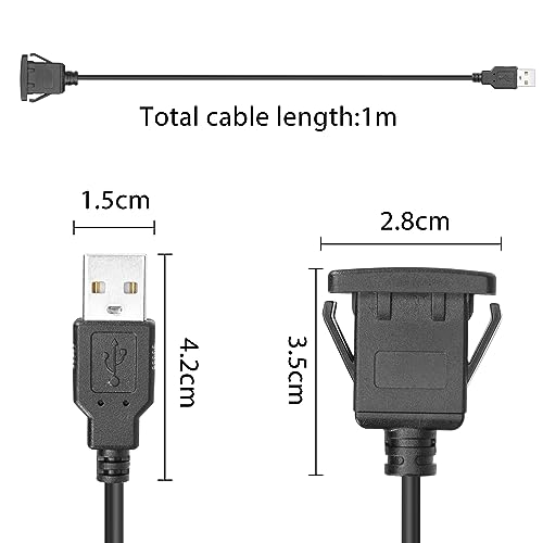 YACSEJAO USB Flush Mount Cable USB 3.0 Square Dash Mount Panel Extension Cable with Buckle for Car Motorcycle Boat, 1m