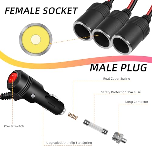 GELRHONR 12V 1 to 3 Cigarette Lighter Splitter Power Adapter, 3 Way Cigarette Lighter Extension Cord with ON Off Switch, Male Plug to Dual Female Socket Extension Cable-1M(1 to 3) - size: 1M, style: 1 to 3