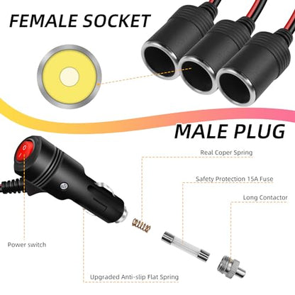 GELRHONR 12V 1 to 3 Cigarette Lighter Splitter Power Adapter, 3 Way Cigarette Lighter Extension Cord with ON Off Switch, Male Plug to Dual Female Socket Extension Cable-1M(1 to 3) - size: 1M, style: 1 to 3