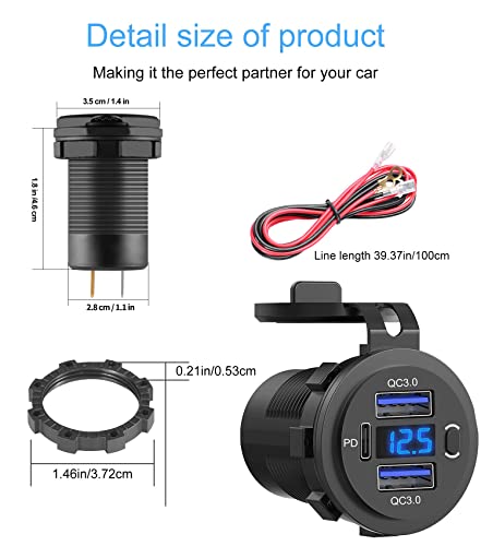 2 Pack 12V USB Outlet, QC3.0 & PD Dual Car Charger with Voltmeter & Switch - color: 2QC+1PD
