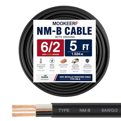 6/2 Wire with Ground - 5FT 6 Gauge NM-B Non-Metallic Sheathed Cable 100% Pure Copper 6 AWG 2 Conductor Residential Indoor Wire for Outlets, Switches, Other Loads and Lighting Wiring Projects etc. - size: 5FT, style: 6AWG/2