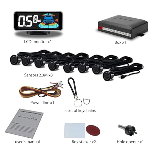 Backup Parktronic System 8-Sensor with LCD Display & Car Keychain,Distance Detection (Meter/Feet),English/Spanish/Beep Alert Options 20 Color Probes:8 Main Colors 20mm Compact Elegant Design - color: Champagne Gold