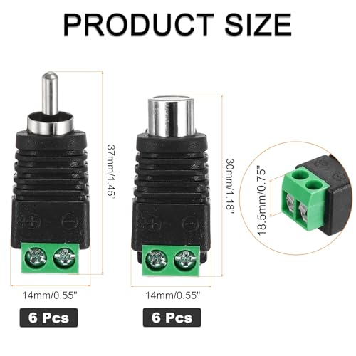 MECCANIXITY 6 Pack RCA Cable Solderless Adapter, Audio/Video Speaker Wire RCA Male Female Plugs, Screw Terminal Connector, Black