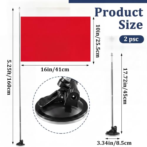 2 Pack Suction Cup Car Flag Pole Kit with Double Sided Red Flag, Adjustable 180° 1.5-5.25 ft Stainless Steel Telescopic Flagpole Holders, Strong Vehicle Mount for Trucks, Cars, Rvs, Boat - style: Red Flag