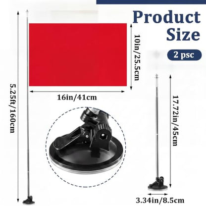 2 Pack Suction Cup Car Flag Pole Kit with Double Sided Red Flag, Adjustable 180° 1.5-5.25 ft Stainless Steel Telescopic Flagpole Holders, Strong Vehicle Mount for Trucks, Cars, Rvs, Boat - style: Red Flag
