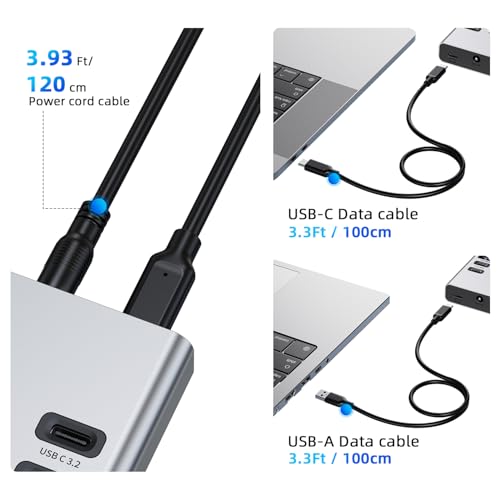 VANGREE Powered USB Hub 10Gbps, 17 Ports USB 3.2 Hub, 96W Power Adapter - color: Silver