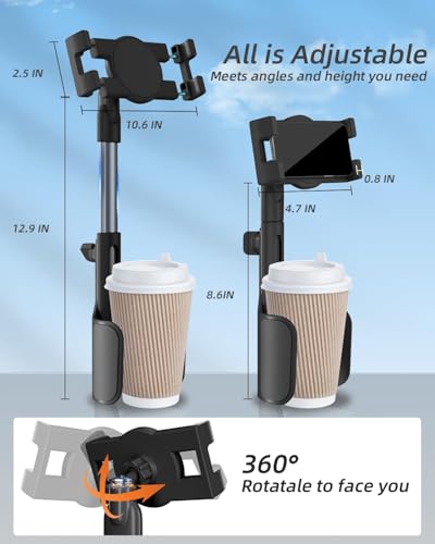 3 in 1 Tablet Holder for Car Bottle, 360°Rotatable & Aluminum Telescopic Arm Sturdy Rod Cup Holder Tablet Mount for iPad Pro 12.9/11/10.5/9.7/Air/Mini 6/5/4, iPhone 17/16/Pro, 4.7-12.9" Tab & Phone