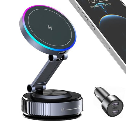 Magnetic Phone Holder for Car Wireless Charging, 15W Fast Wireless Car Charger with Vacuum Suction, 360° Adjustable Magnetic Mount for Dashboard & Windshield, Hands-Free for MagSafe iPhone & Android - size: for Magnetic General PM