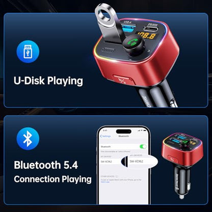 Syncwire Bluetooth 5.4 FM Transmitter Car Adapter 48W (PD 36W & 12W) [Light Switch] [Hi-Fi Deep Bass] [Fast Charge] Wireless Radio Music Adapter LED Display Hands-Free Calling Support USB Drive, Red - color: Red, style: 48W