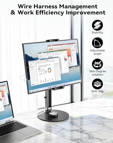 Portable Monitor Stand Large Clamp - Heavy Duty Aluminum Body Support up to 4.4LBS 16" 17.3" 18.5 inch 360° Rotating Base Swivel Foldable Desk Stand for iPad Holder Tablet Mount for Kitchen/Travel - size: up to 18.4"