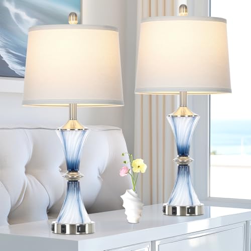 Rinweey Blue Glass Table Lamp Set of 2 with USB C+A Ports & AC Outlet, Bedside Lamp, Modern Bedroom Lamps, Coastal Lamp for Night Stands Bedroom Living Room,Nightstand Lamp LED Bulbs Included - color: Blue