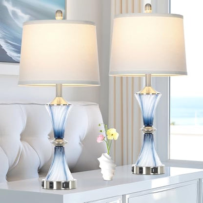 Rinweey Blue Glass Table Lamp Set of 2 with USB C+A Ports & AC Outlet, Bedside Lamp, Modern Bedroom Lamps, Coastal Lamp for Night Stands Bedroom Living Room,Nightstand Lamp LED Bulbs Included - color: Blue