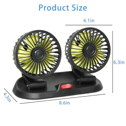 12V Dual Head Car Cooling Fan, Brushless Motor, 2 Speed, 360° Rotation, Dashboard Mount, Cigarette Lighter Powered, for Cars, SUVs, Trucks, RVs & Vans - color: 12V