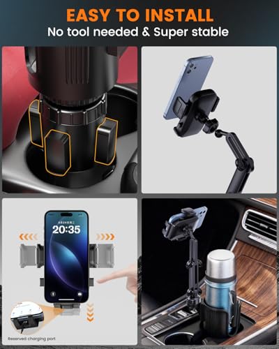 Cup Phone Holder for Car with Expandable Base, Upgraded 2 in 1 Hands Free Cellphone Holder Cupholder Car Mount, Stable Retractable Long Arm Universal Fit iphone and Large Bottle, for Truck SUV - color: Gray
