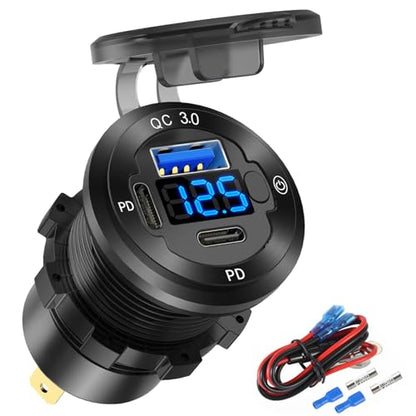 12V USB Car Socket Round USB C 12V Outlet, 3-Port Marine Fast Charger Waterproof Cigarette Outlet Replacement Aluminum with Switch & Voltmeter, Suitable for Boat Golf Cart RV Motorcycle Truck - color: pack of one