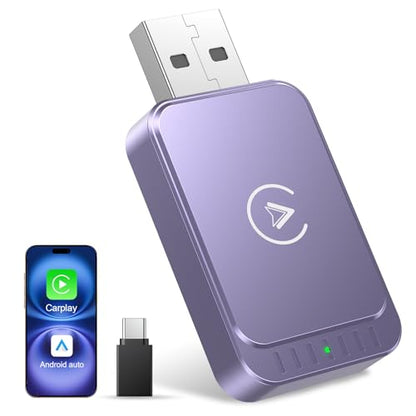 AuroraLink Wireless Carplay & Android Auto Wireless Adapter 2-in-1 Fast & Stable Carplay Wireless Adapter Convert Wired to Wireless Car Play Dongle for iOS 10+/Android 11+ (Purple) - color: Purple
