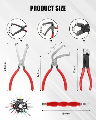 4Pcs Electrical Disconnect Pliers for Cars, Automotive Electrical Connector Removal Tool with 18Pcs Terminal Pin Removal Tool, Connector Separator and Hose Clamp Pliers in Storage Box
