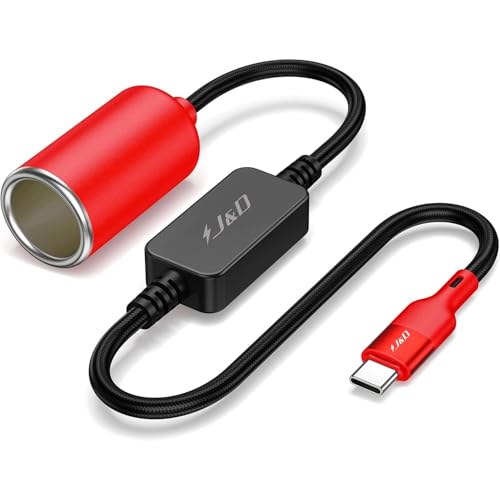 J&D USB C Male to 12V Car Cigarette Lighter Socket Female Converter Cable, 12V 18W Power Cable for Dash Cam, GPS, Car LED Light Strips, Red, 5 ft - color: Red, size: 5 ft