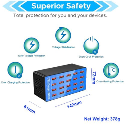 MaxLax USB Charging Station, 20-Port 100W/20A Multi-USB Charger Station for Smartphones, Tablets, and Other Devices - color: LIght blue-20 port
