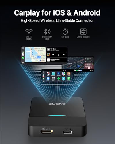 ZUCWO Wireless CarPlay Adapter & Car TV Mate Support Video HDMI Converter for TV Stick/Game Machine, 2-in-1 CarPlay HDMI Multimedia for Cars with Factory Wired CarPlay from 2016, Plug & Play, Black