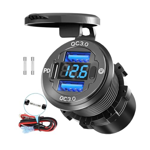 78W Triple-Port 12V USB Outlet with Voltmeter & Switch - PD3.0 & Dual QC3.0 Quick Charge Car Charger Socket, Aluminum Alloy Waterproof USB C Port for Car Boat Marine Motorcycle RV Truck ATV Golf Cart