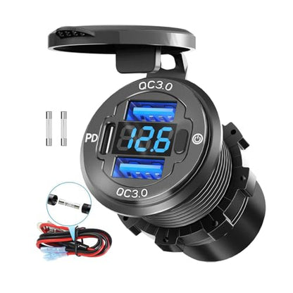 78W Triple-Port 12V USB Outlet with Voltmeter & Switch - PD3.0 & Dual QC3.0 Quick Charge Car Charger Socket, Aluminum Alloy Waterproof USB C Port for Car Boat Marine Motorcycle RV Truck ATV Golf Cart