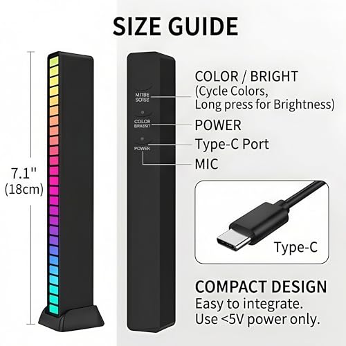 RGB Music Rhythm Light 16 LED Voice Activated Sync with Music Ambient Gaming Desk PC Car Bedroom Light Bar, Black - color: Black