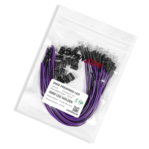 Chanzon 20pcs Pre-Wired 3mm Purple LED Diodes + 20pcs LED Holders - color: Purple, size: 3mm