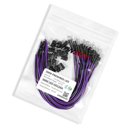 Chanzon 20pcs Pre-Wired 3mm Purple LED Diodes + 20pcs LED Holders - color: Purple, size: 3mm