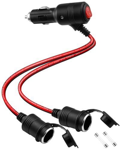 12V 24V Cigarette Lighter Splitter,1 to 2 Car Cigarette Lighter Cable, Dual Socket with ON/Off Switch, 18AWG 15A Power Extension Cable for Car Refrigerator, Tire Inflator Etc-15cm/5.9in