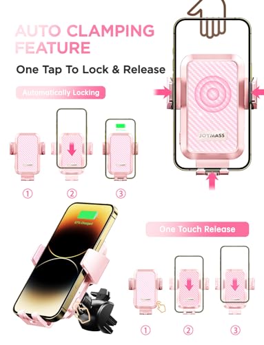 JOYMASS Wireless Car Charger, Phone Holders for Your Car, 15W Auto Clamping Phone Mount Car Accessories for iPhone 16 15 14 13 12 Mini Pro Max 11, Samsung Galaxy S24 Ultra S23 S22+ Note 20, etc-Pink - color: PINK