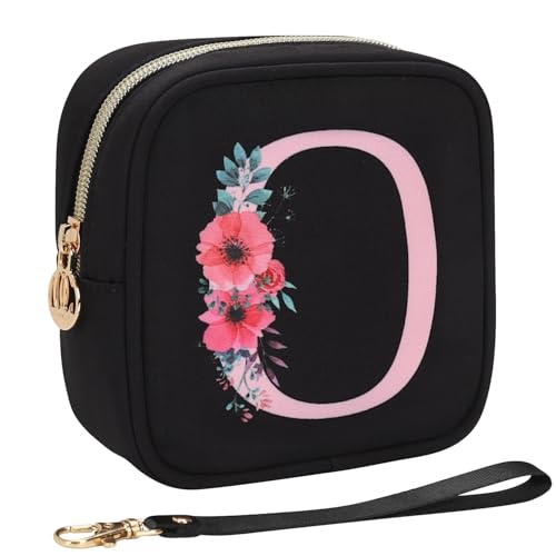 Relavel Initial Mini Makeup Bag for Girls, Small Makeup Bag for Purse with Zipper ＆ Removable Handle, Portable Makeup Pouch Lipstick Skincare Bag, Small Gift Cosmetic Bags for Women Girls(Black O) - size: A-Small, style: O