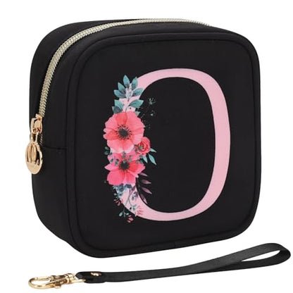 Relavel Initial Mini Makeup Bag for Girls, Small Makeup Bag for Purse with Zipper ＆ Removable Handle, Portable Makeup Pouch Lipstick Skincare Bag, Small Gift Cosmetic Bags for Women Girls(Black O) - size: A-Small, style: O