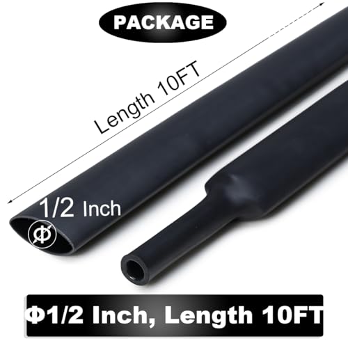 10 FT Diameter 1/2 Inch 3:1 Heat Shrink Tubing Dual Wall Adhesive Lined Marine Grade Electrical Cable Industrial Heat-Shrink Insulation Wrap Tube Black - color: Black, size: 12.7mm(1/2")-10FT