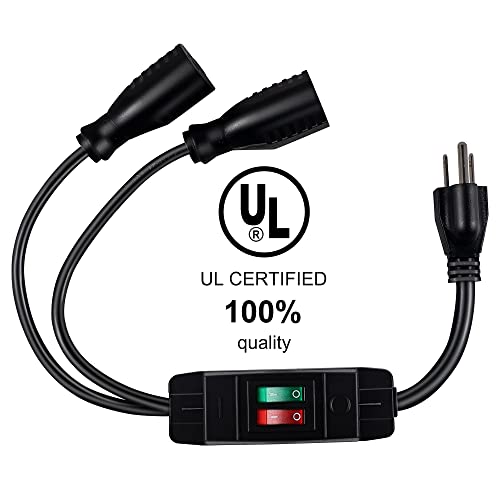 2 Way Extension Cord with On/Off Switch, 3 Prong Outdoor Extension Cord Splitter, Heavy Duty SJTW 14AWG 15A/125V and 18AWG 10A/125V Power Cord (1.6 Ft, Black) - size: 1.6 Ft