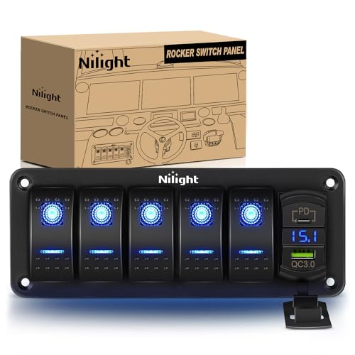 Nilight 5 Gang Rocker Switch Panel w/PD Type C and USB Socket Voltmeter - color: Blue, size: 6 Gang Type C +USB