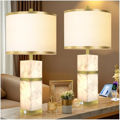 Scenekoy 27" Alabaster Table Lamps Set of 2 with Night Light for Bedroom - color: Gold