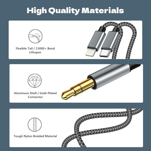 2 in 1 Aux Audio Cable, USB C to 3.5mm Aux Audio Cable, Lightning to 3.5mm Audio Cable Fit with iPhone 16/15/14/13/12/11/XR, Galaxy S24/S23/S22/S21, Pixel 9/8/7/6/5, iPad to Car Stereo Speaker 4FT