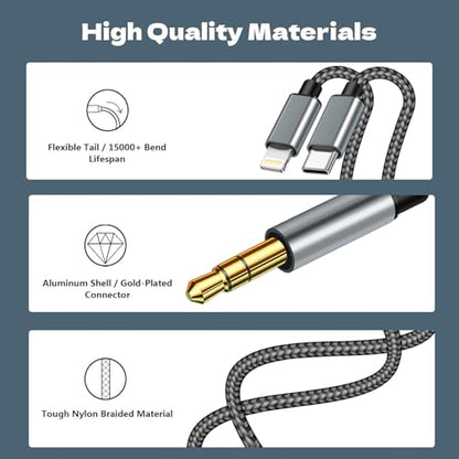 2 in 1 Aux Audio Cable, USB C to 3.5mm Aux Audio Cable, Lightning to 3.5mm Audio Cable Fit with iPhone 16/15/14/13/12/11/XR, Galaxy S24/S23/S22/S21, Pixel 9/8/7/6/5, iPad to Car Stereo Speaker 4FT